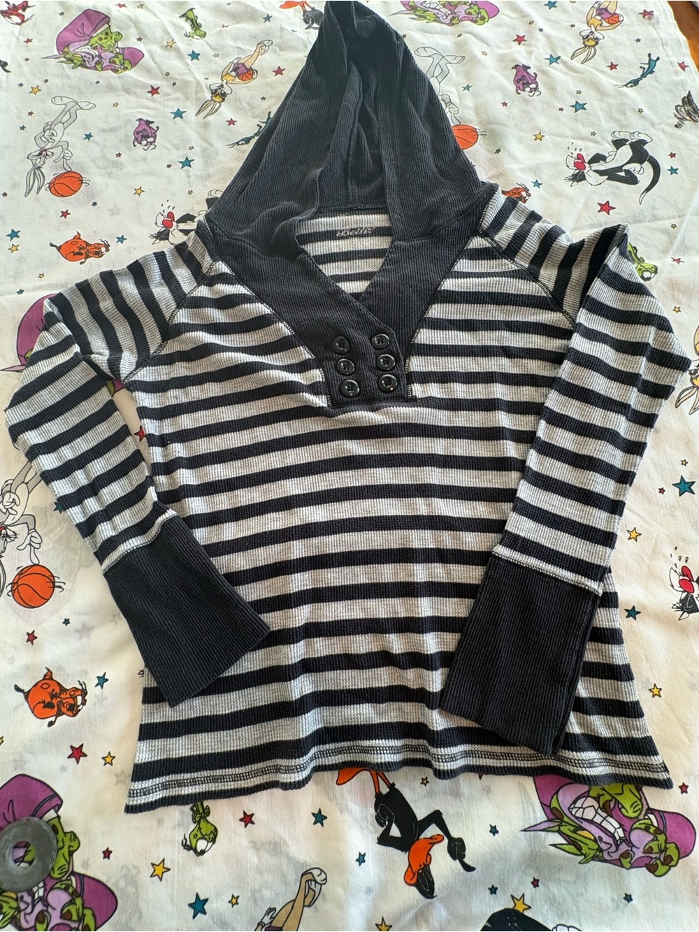 Black and Light Gray Striped Hooded Long Sleeve Top